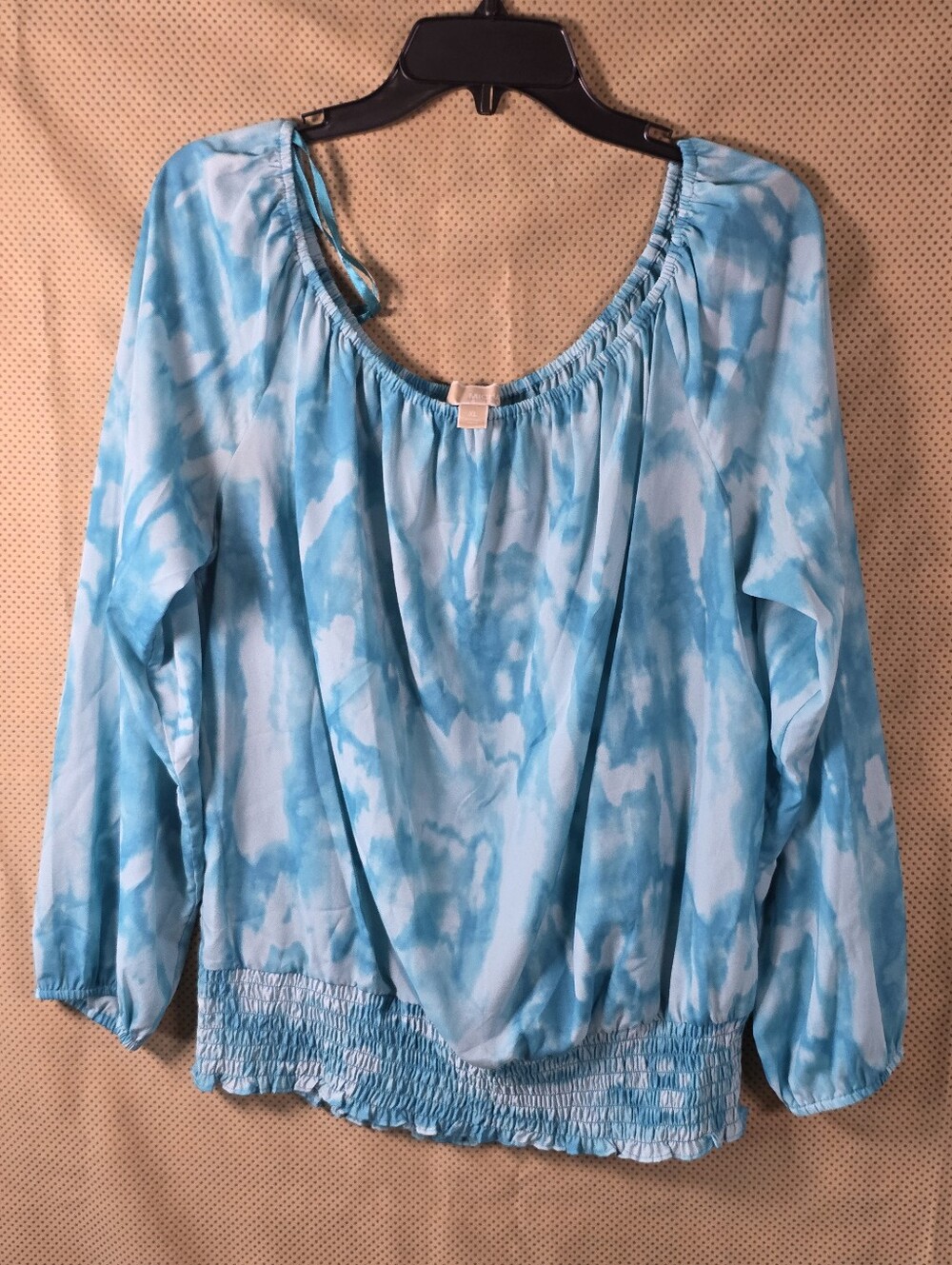 Michael Michael Kors XL Blue White Tie Dye Blouse Smocked Hem Long Sleeve Top